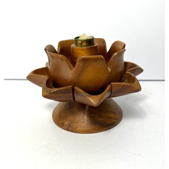 Vintage Mid-Century Monkey Pod Lotus Flower Wood Candle Holder Taper Candle Tiki - Picture 4 of 8
